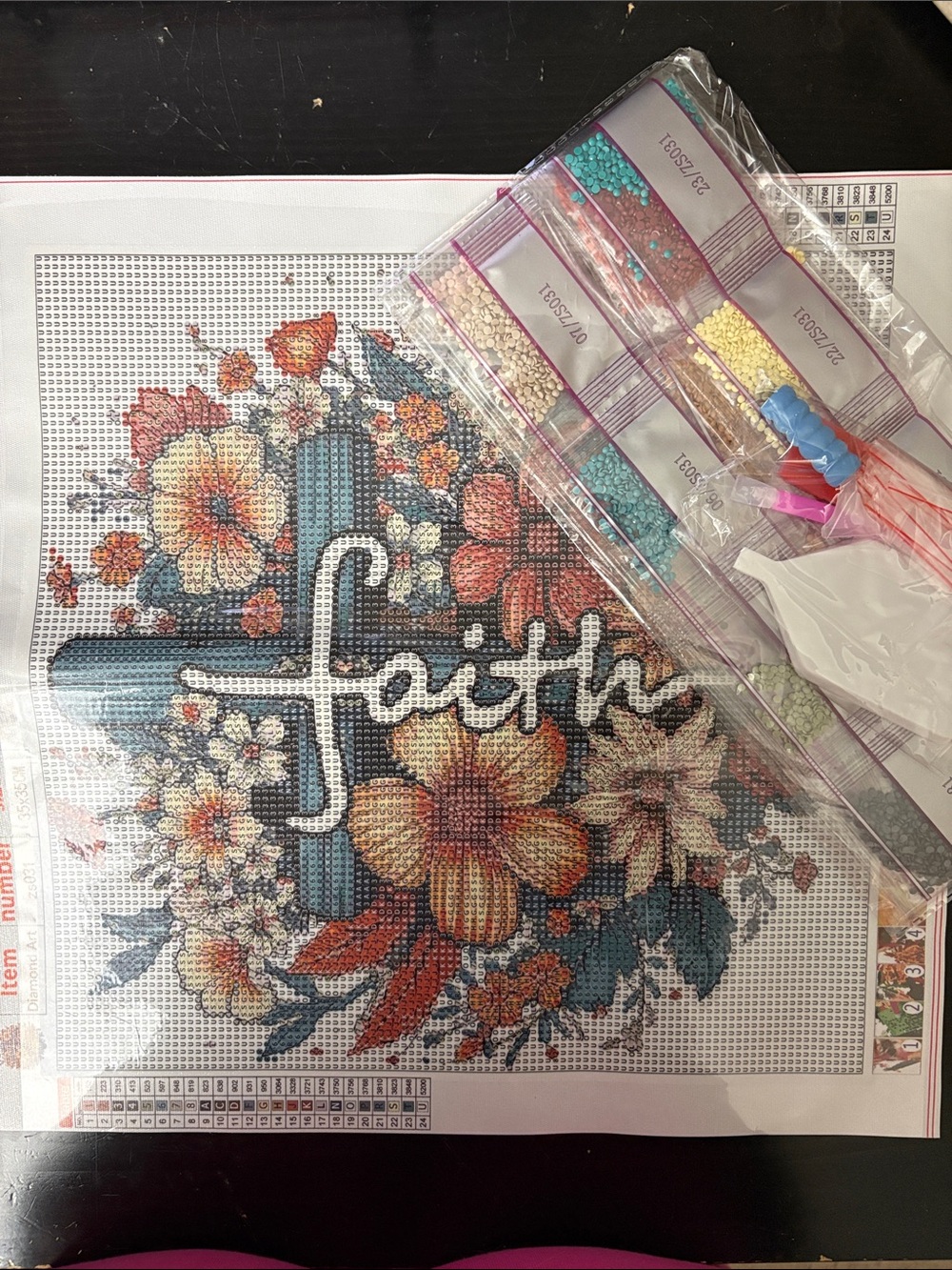 Faith Floral Diamond Painting Kit - Blue, Orange, Cream